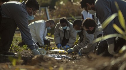 A group of crime scene investigators gather around a body lying on the ground carefully placing markers and taking notes as they piece together the puzzle of the victims mysterious .