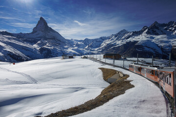 Gornergrat railway towards Matterhorn mountain in Switzerland