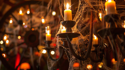 A spooky Halloween party with wagon wheel chandeliers adorned with cobwebs and candles adding to the haunted vibe. . - obrazy, fototapety, plakaty