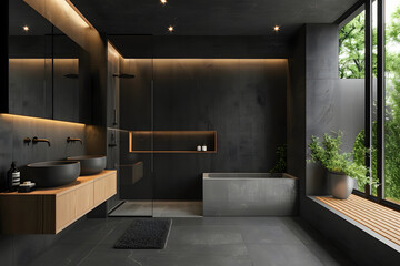 Contemporary modern bathroom interior in dark black colors, concrete and wooden elements.