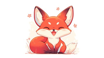 Obraz premium A charming little cartoon fox in adorable red and white hues sits gracefully with its fluffy tail against a clean white backdrop Perfect as a sticker or icon