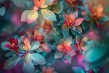 Beautiful pink flowers with green leaves, in a blurry nature background - obrazy, fototapety, plakaty