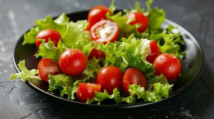 Cherry tomatoes and lettuce mixed in salad on black plate