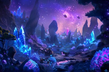 Explore an alien landscape with a CG background depicting crystalline formations and bioluminescent flora