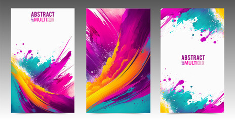 Watercolor colorful cover set. Stains and overlapping brushstrokes of varnish and ink with white space for text. Artistic brochures, flyers, booklet, presentations, creative cards.