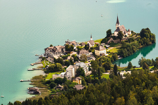 View of the Worthersee lake with Maria Worth church, Carinthia, Austria
