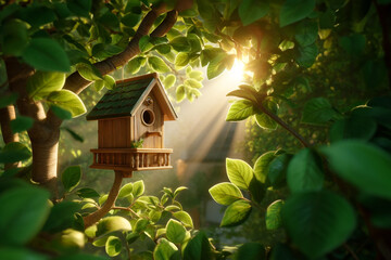 Wooden birdhouse on a tree in the farm park zone. Simple birdhouse design. Shelter for bird breeding, nesting box on a tree. photorealistic image of a birdhouse on the branches of a leafy tree
