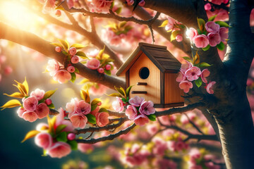 Wooden birdhouse on a tree in the farm park zone. Simple birdhouse design. Shelter for bird breeding, nesting box on a tree. photorealistic image of a birdhouse on the branches of a leafy tree