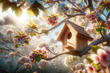 Wooden birdhouse on a tree in the farm park zone. Simple birdhouse design. Shelter for bird breeding, nesting box on a tree. photorealistic image of a birdhouse on the branches of a leafy tree