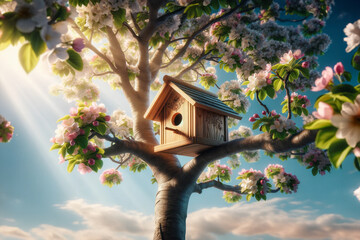 Wooden birdhouse on a tree in the farm park zone. Simple birdhouse design. Shelter for bird breeding, nesting box on a tree. photorealistic image of a birdhouse on the branches of a leafy tree
