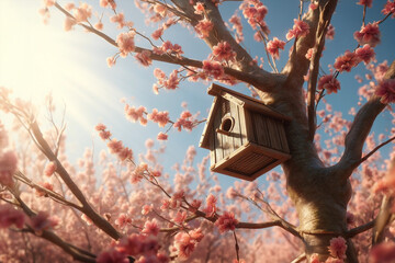 Wooden birdhouse on a tree in the farm park zone. Simple birdhouse design. Shelter for bird breeding, nesting box on a tree. birdhouse on the branches of a leafy tree on a sunny day