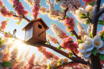 Wooden birdhouse on a tree in the farm park zone. Simple birdhouse design. Shelter for bird breeding, nesting box on a tree. birdhouse on the branches of a leafy tree on a sunny day