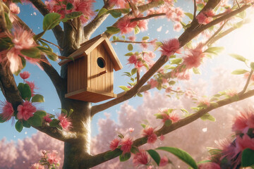 Wooden birdhouse on a tree in the farm park zone. Simple birdhouse design. Shelter for bird breeding, nesting box on a tree. birdhouse on the branches of a leafy tree on a sunny day