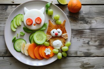 Artistically Arranged Colorful Plate with Fruits and Vegetables Shaped as Animals
