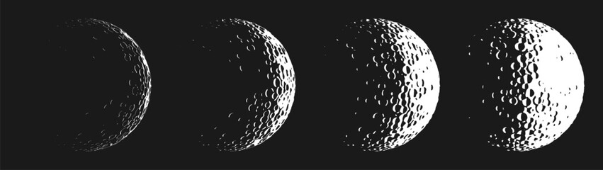 Hand drawn sketches of cartoon moon planet with craters in black and white color. Set of moon phases. Simple creative moon logo design for t-shirt print, banner or poster. Vector illustration