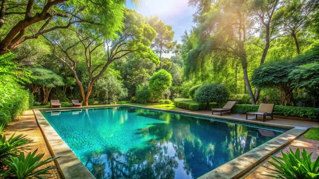 swimming pool surrounded by green trees and daytime sky