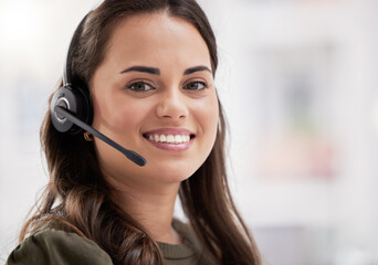 Consultant, portrait and online technical support in call center with woman in office to help or...