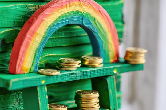 Colorful Hand-Painted Rainbow Arch with Gold Coins and Clover Leaves for St. Patrick's Day