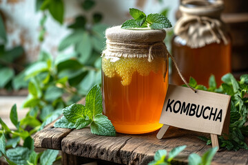 Homemade kombucha in a glass jar with mint on a wooden stand, with herb kitchen in the background - perfect for healthy eating and fermented drinks - 794447052