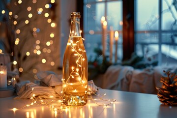 Festive champagne bottle with golden lights and Christmas decorations on bokeh background