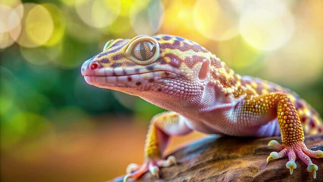 A leopard gecko sitting still on a tree trunk with a blurred background