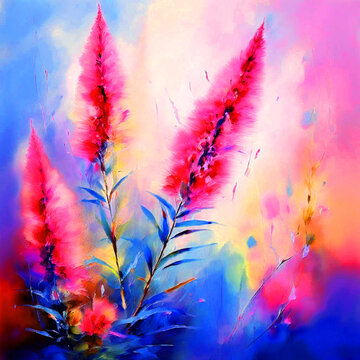 colourful bloomy vibrant watercolour oil painting splash colour of bottlebrush flowers