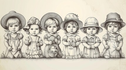 A collection of children or babies dressed in various clothes and holding toys and rattles. Line drawings of toddlers in different postures in monochrome. - obrazy, fototapety, plakaty