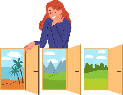 Woman traveler makes travel plan and chooses place to relax, stands near door with beach or mountains. Girl from travel agency offers options for active and passive recreation for clients