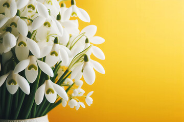 Flowers White Spring Snowdrops Primroses on Bright Yellow Background with Space for Text