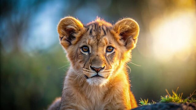 A lion cub photographed up close with a deadpan expression