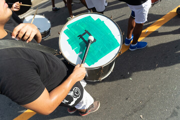 Musicians are seen playing percussion instruments during Fuzue, pre-carnival in the city of...