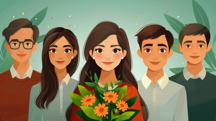 Several admirers or suitors surrounded her giving her gifts, flowers, and proposing marriage. Popularity among men. Colorful modern illustration.