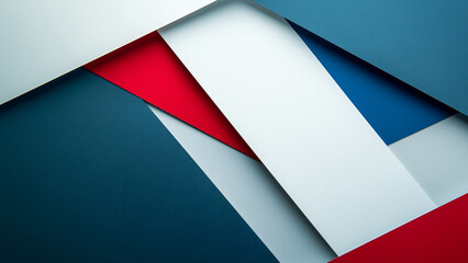 Abstract paper card background with geometric shapes in white, blue and red colors.
