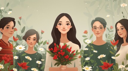 In this colorful modern illustration, a beautiful attractive woman is surrounded by admirers or suitors giving her gifts, flowers, asking for marriage and proposing in a flattering manner. Popularity