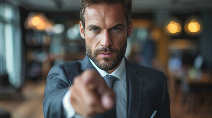 Fototapeta premium serious looking business man pointing at the camera while the focus is on his face and he's standing in a room that looks like a hotel lobby or restaurant