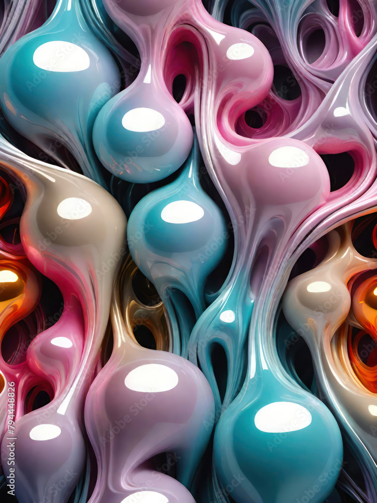 Poster abstract shiny 3d rendered glossy round shapes background.