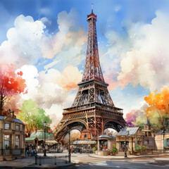 Watercolor Eiffel tower, clipart Illustration, Generative Ai