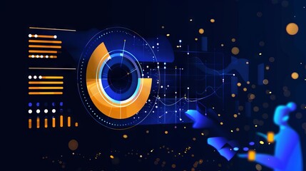 Digital Art Illustration of a futuristic holographic display with abstract digital elements and a central glowing circular structure. The design is vibrant with blue, orange and yellow colors.