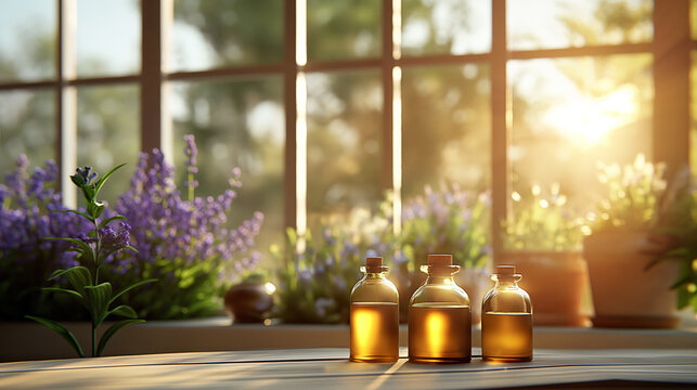 Bottles of aromatherapy essential oil with blooming lavender indoors with a view of a sunny garden behind the window