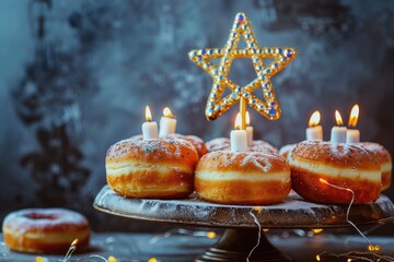 Hanukkah Sufganiyot Doughnuts with Star of David Decoration Illuminated by Soft Candlelight