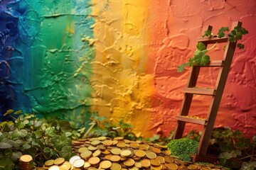 Fantasy Concept with Leprechaun House, Gold Coins, Shamrocks and Rainbow in Enchanted Forest Setting