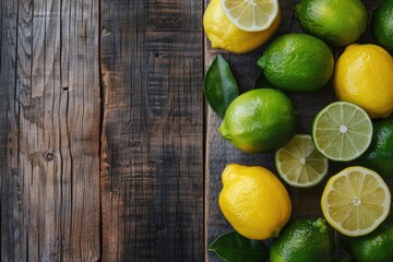 Assortment of Fresh Citrus Fruits with Limes and Lemons on Rustic White Wooden Background with Leaves