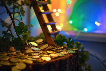 Fantasy Concept with Leprechaun House, Gold Coins, Shamrocks and Rainbow in Enchanted Forest Setting