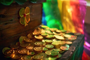 St. Patrick's Day Concept with Shiny Gold Coins and Rainbow Light Flares - obrazy, fototapety, plakaty