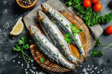 Fresh mackerel fish on a wooden plate garnished with parsley and lemon, ready for healthy cooking