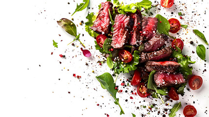 Falling steak salad ingredients isolated on white background, sliced beefsteak, food packaging concept