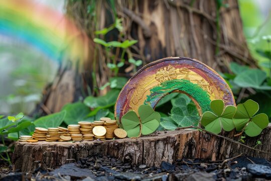 Colorful Hand-Painted Rainbow Arch with Gold Coins and Clover Leaves for St. Patrick's Day