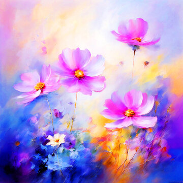 colourful bloomy vibrant watercolour oil painting splash colour of Brachyscome flowers