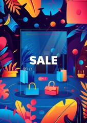A colorful, modern graphic of a sale sign surrounded by a vibrant tropical forest.