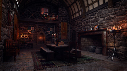 Dark moody dining room in an old medieval castle. 3D render.